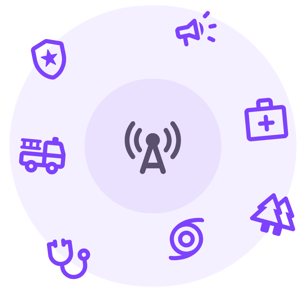 Icons of different public safety radio categories like police, firefighters, medical, and natural disasters